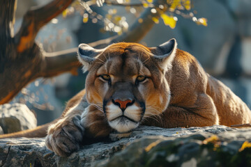 Majestic Cougar Resting on a Rocky Outcrop in Nature, Capturing the Essence of Wilderness and the Beauty of Wild Animals in Their Natural Habitat