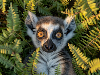 Fototapeta premium Close Up Shot of a Lemur with Wide Eyes Surrounded by Green Fern Leaves in a Serene Natural Habitat Detailed Texture and Warm Sunlight Highlighting Unique Features of this Enthralling Animal