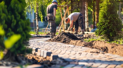 Landscaping company contractors working on interlock driveway project construction site and paving stone bricks Men working as team to design and construct large home landscape busines : Generative AI