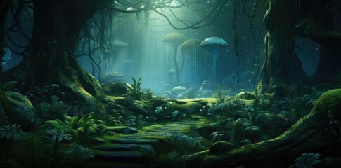 background gaming wallpaper featuring a serene forest scene with a large tree and a white fish in the foreground
