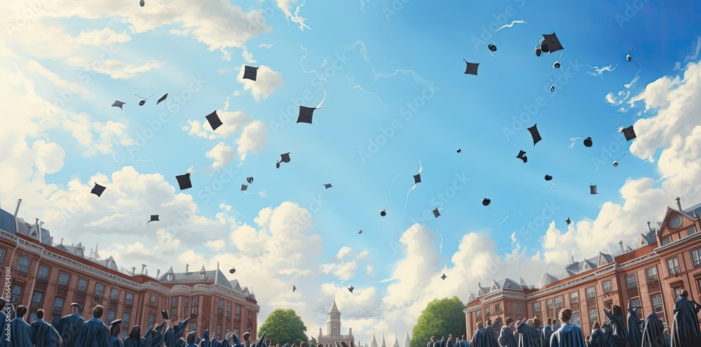 Wall mural background of graduation caps flying in the blue sky above a cityscape featuring brick and red buildings, green trees, and white clouds - Wall murals