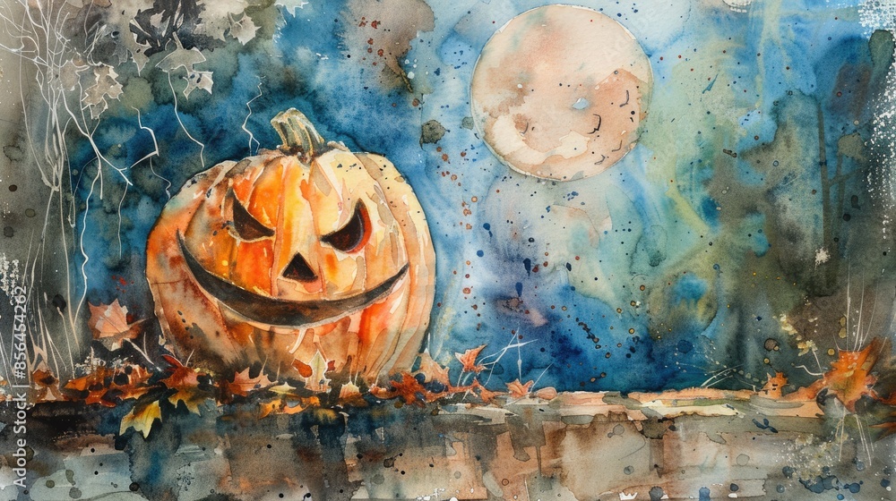 Sticker Carved pumpkin with a smiling Jack O Lantern face in a spooky or cheerful Halloween scene depicting a moonlit autumn night in a watercolor painting