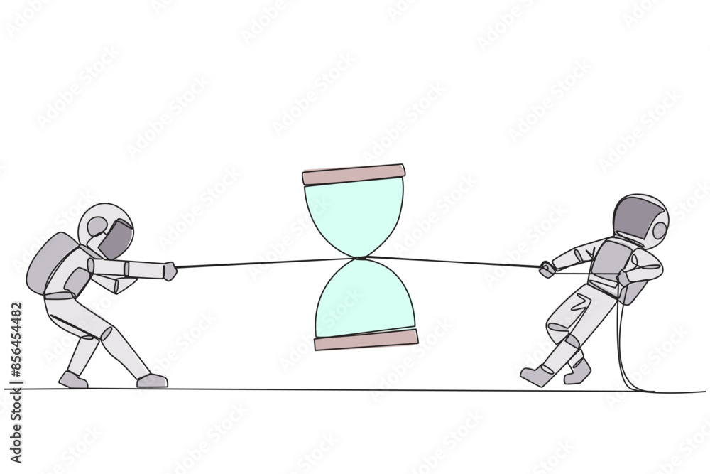 Poster continuous one line drawing two astronauts fighting over hourglass. fierce battle completes the expe