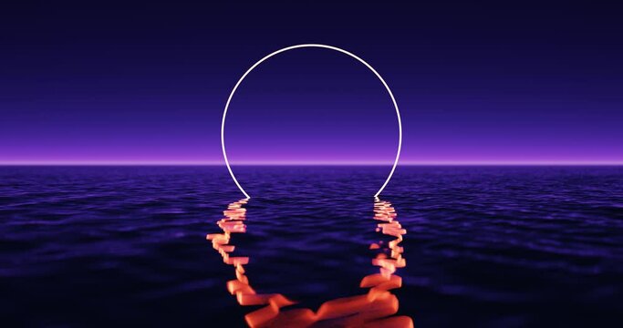 Wave sea beach with light circle and sunset sky abstract background. Nature summer and product presentation concept. 3d render.	