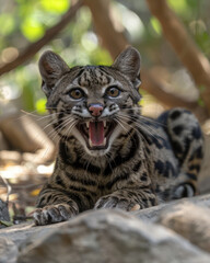 Curious and Playful Ocelot in the Wild Showing Its Teeth in a Pristine Natural Habitat, Perfect Example of Raw Wilderness and Unfiltered Nature, Capturing the Spirit of Untamed Wildlife