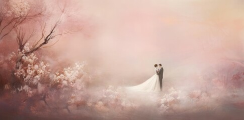 background wedding photo of a bride and groom standing in front of a pink sky, with a bare tree in the foreground