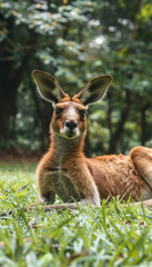 Fototapeta premium Serene Kangaroo Relaxing in Lush Green Grass Amidst Nature, Capturing the Essence of Australian Wildlife and Tranquility in its Natural Habitat, Surrounded by Trees and Verdant Foliage
