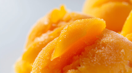 Lush tropical mango and papaya sorbet, a closeup of lush tropical mango and papaya sorbet, vibrant orange and yellow, set against a white background