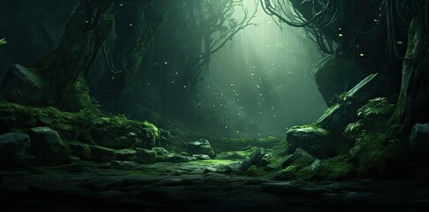 backgrounds hd wallpaper of a dark forest with a large tree and a large rock
