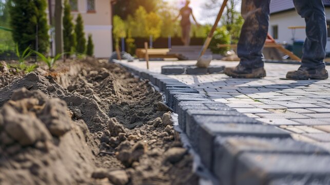 Landscaping company workers working on  residential construction site and laying paving stones for quality interlock home renovation landscape project : Generative AI