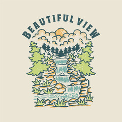 landscape illustration waterfall graphic river design forest badge nature vintage outdoor