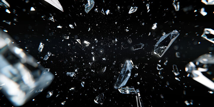 Dynamic glass texture featuring shattered pieces with bits and shards exploding in the air. Black backdrop contrasting with the fragments of broken glass pieces. Blur and bokeh motion effect.