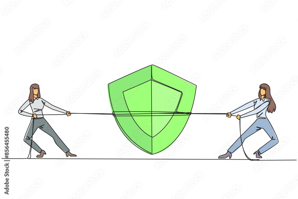 Poster single continuous line drawing two businesswomen fighting over shield. compete to protect. maintain 