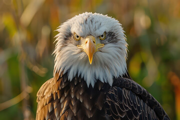 Obraz premium Majestic Bald Eagle in Natural Habitat Displaying Powerful Gaze and Graceful Features Amidst Vibrant Foliage in the Background Captured in Stunning Detail Highlighting Wildlife and Bird Photography
