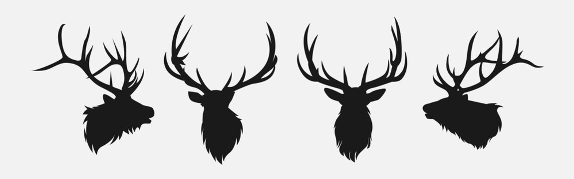 elk head silhouette collection set. deer, moose. animal, horn, jungle, hunting concept. for print, poster, sticker, and other designs. monochrome vector illustration.