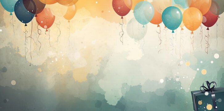 birthday backgrounds for a child's room featuring a colorful array of balloons, including blue, orange, and red, arranged against a wall a black box and a black bow add a touch of