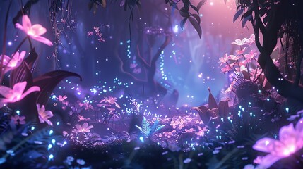 Enchanted forest with glowing plants, bioluminescent mushrooms, and mystical creatures like unicorns and fairies, with a magical atmosphere and soft light, in beautiful anime style