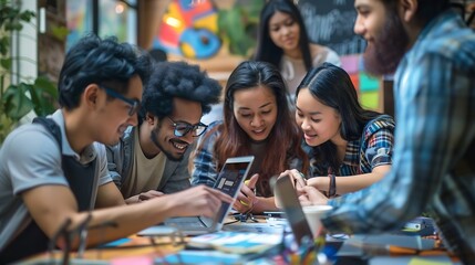 diverse team of professionals engaged in a website graphic design board meeting sharing opinions on UX and UI design elements Asian man African American people black afro caucasian fem : Generative AI