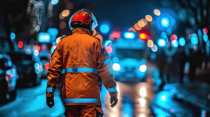A man in an orange jacket is walking down a wet street