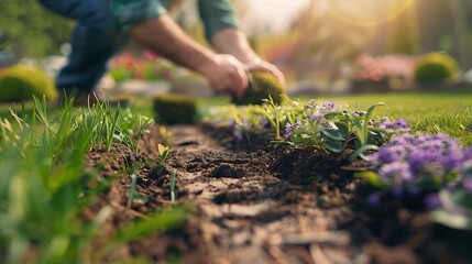 Landscape Gardener Laying Turf For New Lawn : Generative AI