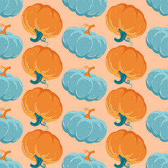 Autumn orange and blue pumpkin seamless pattern vector in hand drawn style