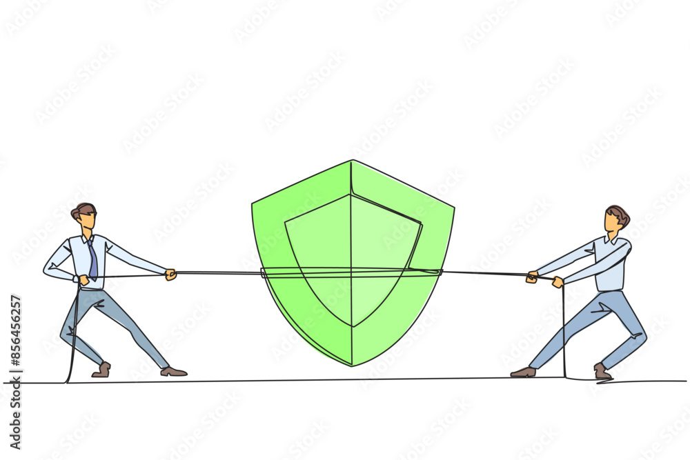 Aufkleber continuous one line drawing two businessmen fighting over shield. competition to become the best web