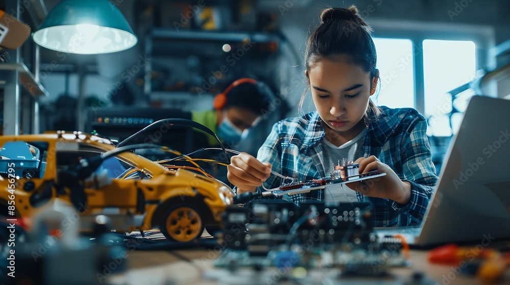 Aufkleber skilled teacher teaching diverse students fixing car model by using wire and electronic equipment gi