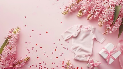 Obraz premium Baby shower invitation 5x35 card mockup with baby accessories girl bodysuit nipple or babys dummy gift box and confetti and pink hyacinth flowers with copy space on pink pastel color b : Generative AI