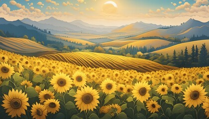 Fototapeta premium Blooming fields with yellow sunflowers, banner