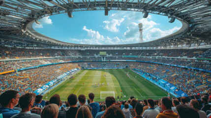 A packed stadium filled with fans watching an exciting daytime soccer match, capturing the vibrant atmosphere and anticipation.