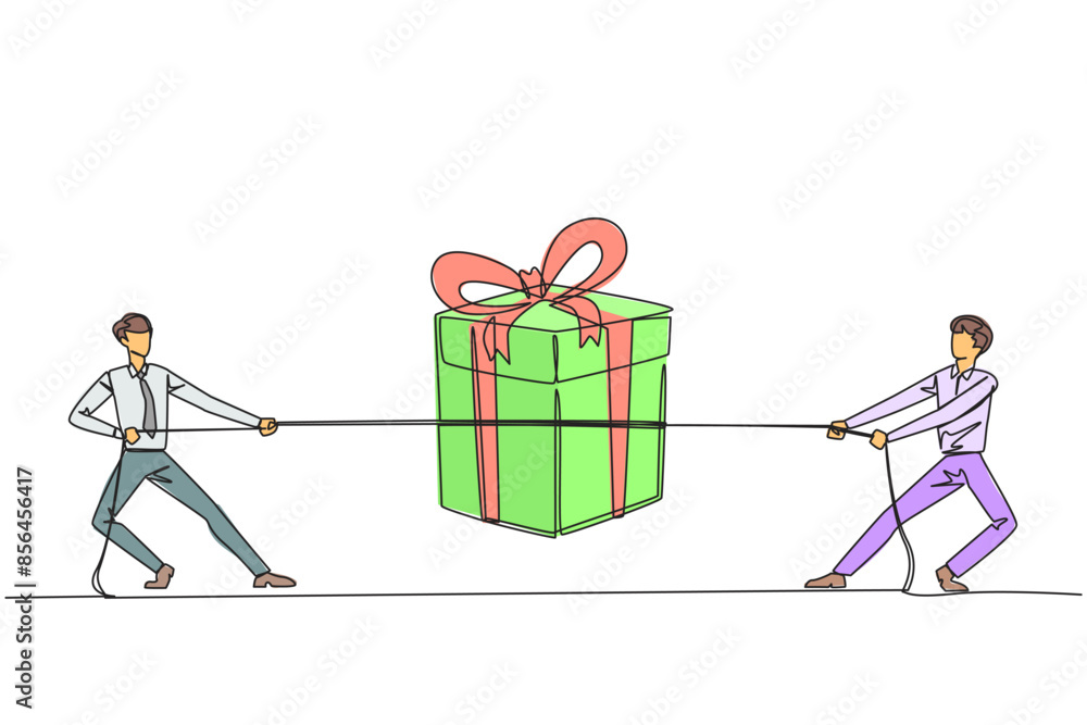 Poster single continuous line drawing two businessmen fighting over a gift box. trying to get each other bo