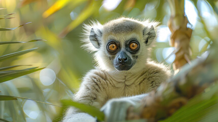 Close up of a Ring tailed Lemur with Wide Eyes in its Natural Habitat, Surrounded by Lush Green Leaves and Sunlight Filtering Through, Creating a Vivid and Bright Jungle Environment