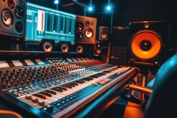 Professional sound recording studio with intricate audio equipment and mixing console, music production concept, high-resolution photo. generated by AI