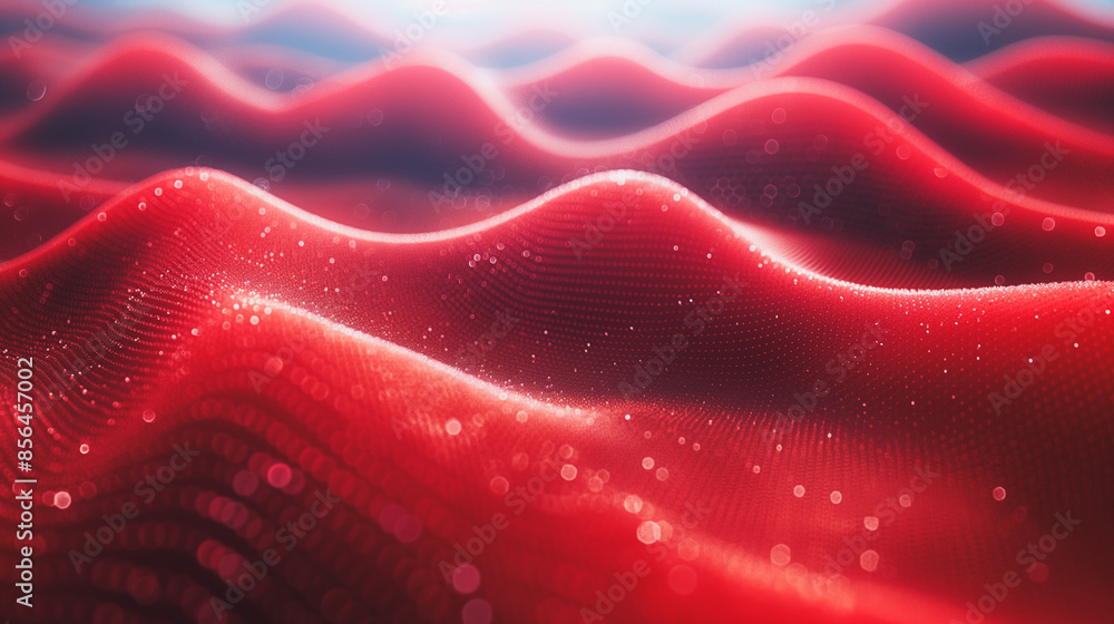 Poster a red and blue background with a red wave. the wave is made up of small dots