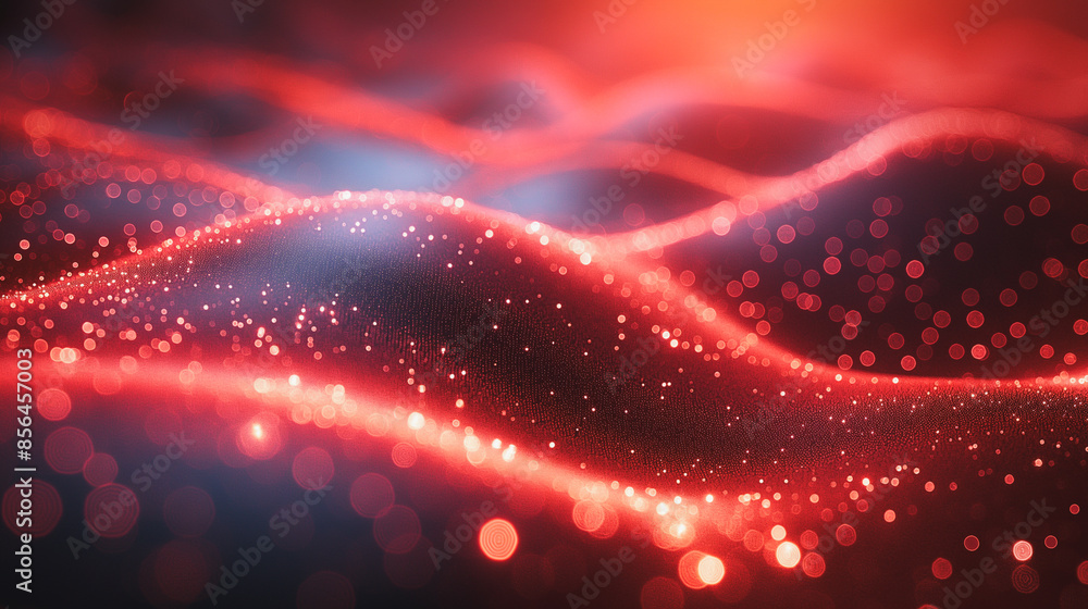 Poster a red and blue background with a red wave. the wave is made up of small dots