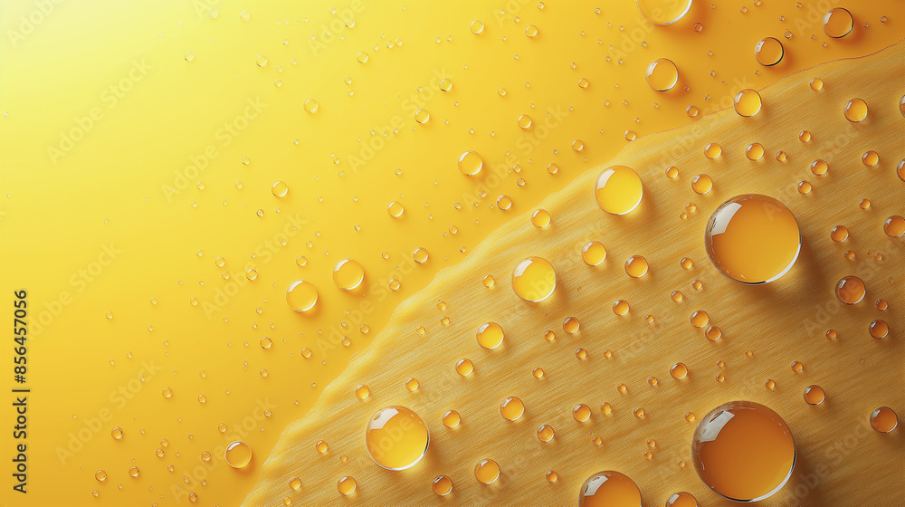 Poster a yellow surface with many small droplets of water on it. the droplets are scattered all over the su