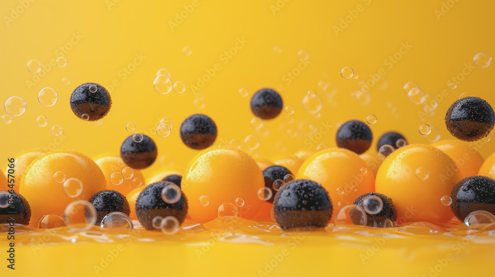 Poster a bunch of orange and black spheres floating in the air. the spheres are of different sizes and are 