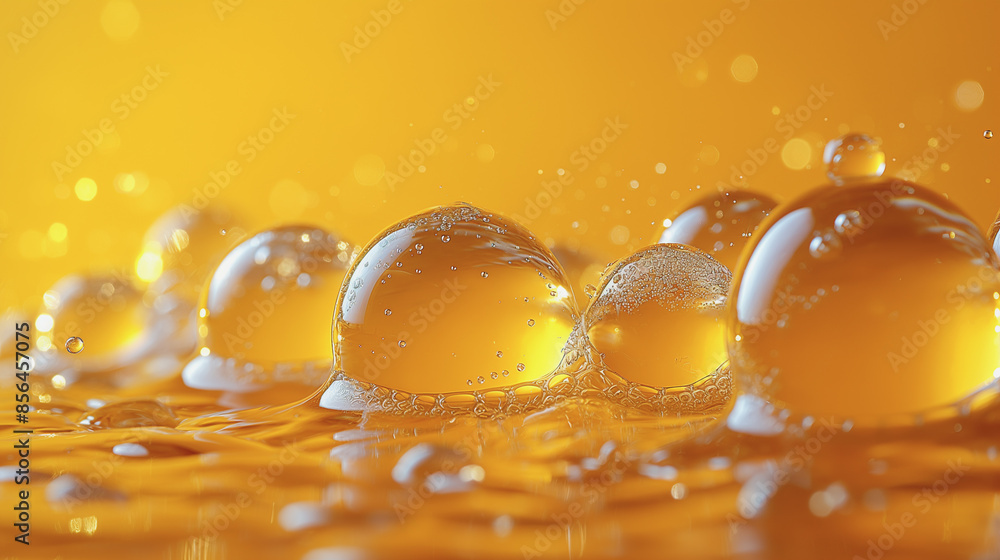 Poster a close up of a yellow liquid with many small bubbles. the bubbles are floating on the surface of th