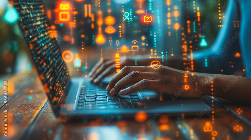 Aufkleber a person is typing on a laptop with a colorful background of various icons. concept of creativity an