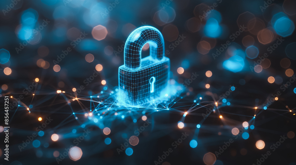 Poster a blue and white image of a lock with a keyhole. the lock is surrounded by a web of lines and dots, 