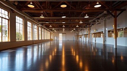 Spacious Industrial Loft with Wooden Beams and Large Windows, Generative AI