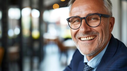 Fototapeta premium Smiling 45 years old banker happy middle aged business man bank manager mid adult professional businessman ceo executive in office older mature entrepreneur wearing glasses headshot po : Generative AI