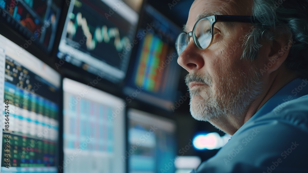 Poster portrait of a middle aged man working on the floor in a modern stock exchange firm specialist monito