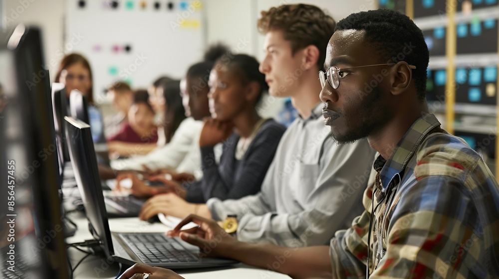 Poster Educator Giving Lesson to Diverse Multiethnic Group of Female and Male Students in College Room Class Learning About Computer Science and Software Development Lecturer Shares Knowledge : Generative AI