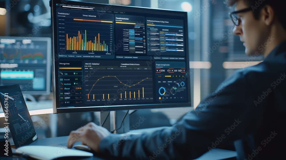 Aufkleber Analyst uses computer with dashboard for data business analysis Data Management System with KPI and metrics connected to the database for technology finance operations sales marketing  : Generative AI