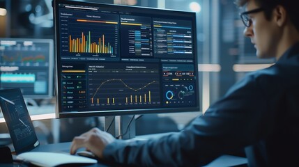 Fototapeta premium Analyst uses computer with dashboard for data business analysis Data Management System with KPI and metrics connected to the database for technology finance operations sales marketing : Generative AI