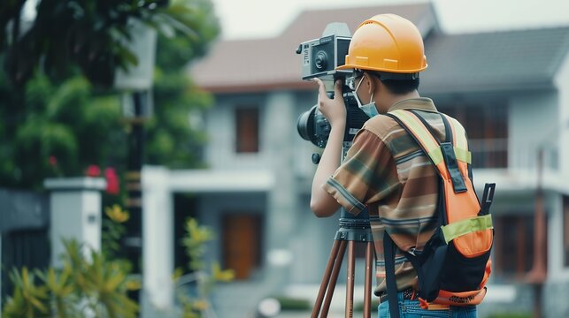 young ingeneer use the Total Station tacheometer theodolite at urban landscaping design : Generative AI