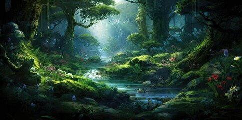 desktop background wallpaper  a lush forest featuring a variety of trees, including a large one, a green one, and a smaller one, with a vibrant red flower adding a pop of