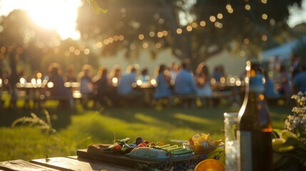 Amid the hazy scenery guests savor the taste of refreshments and laughter at the outdoor garden party.