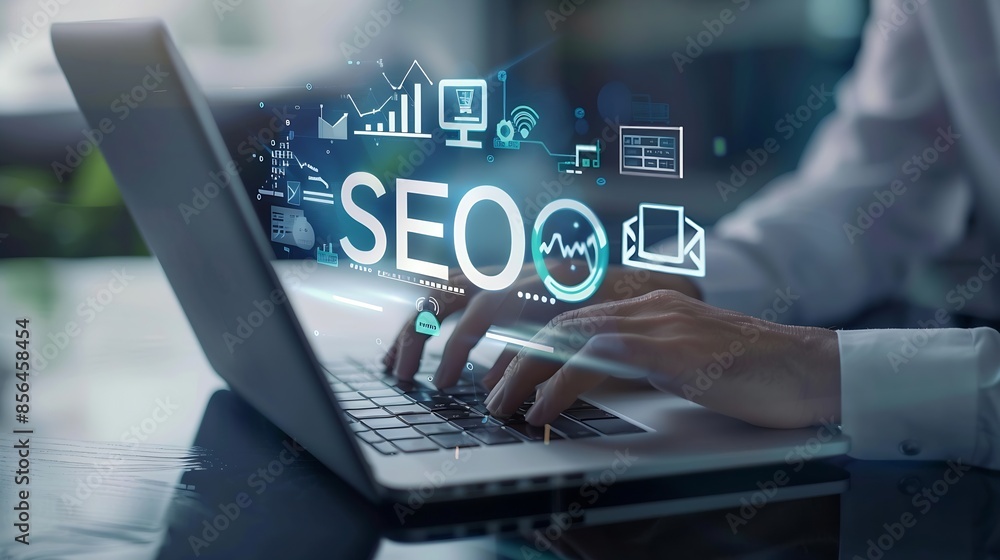 Poster Businessman use laptop to analyze SEO search engine optimization for promoting ranking traffic on website and optimizing your website to rank in search engines : Generative AI
